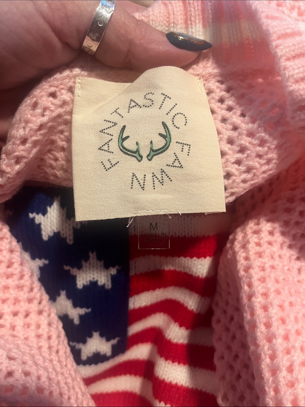 Fantastic Fawn Pink V-Neck Sweater with American Flag Knit - Picture 3 of 4